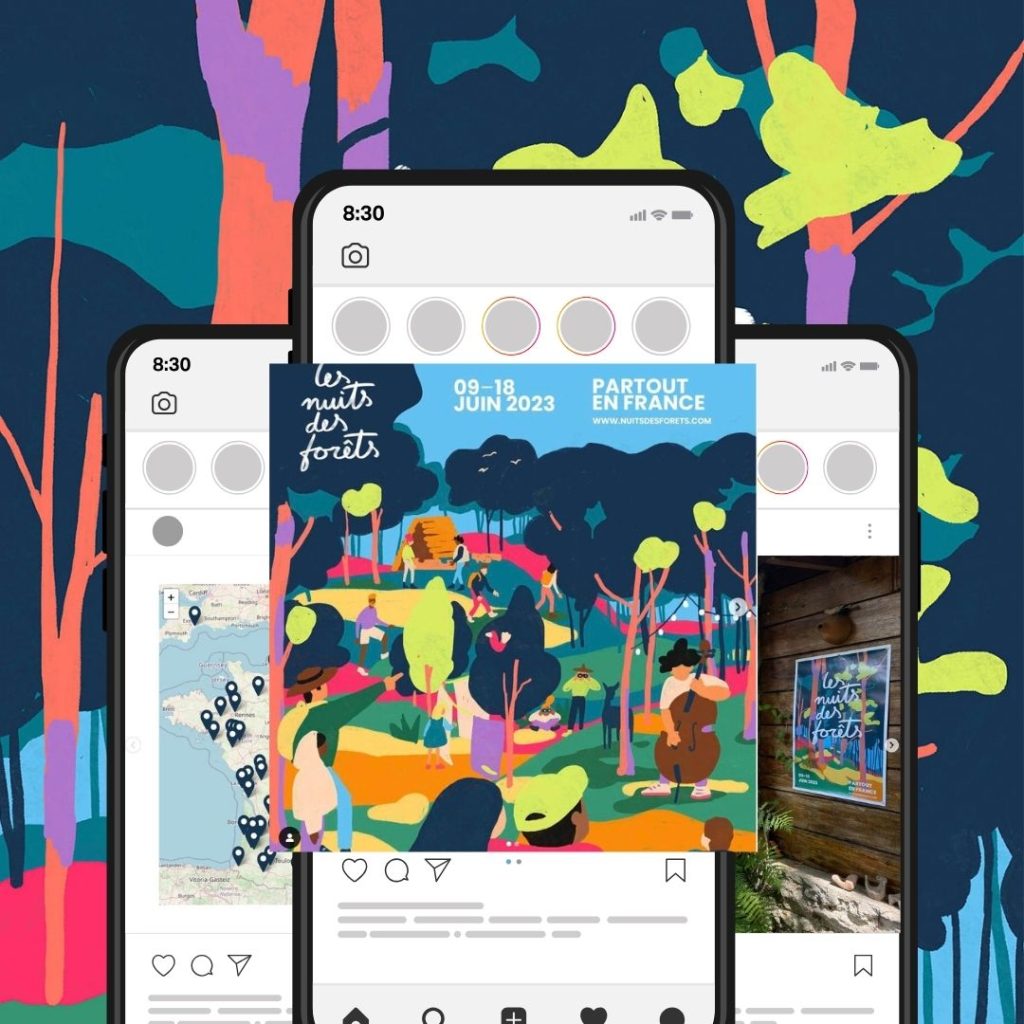 Mockup des post instagram de nuits des forêts sur telephone