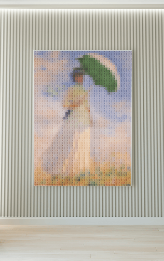 La fille à l'ombrelle en brique de construction sur un tableau